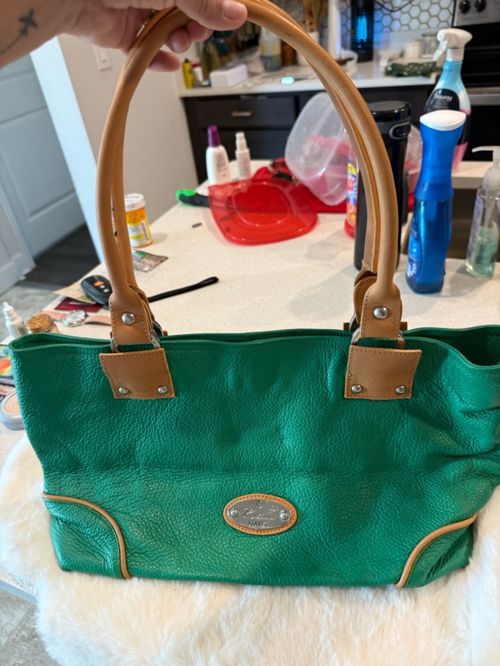 Green Leather Tote Handbag with Tan Handles